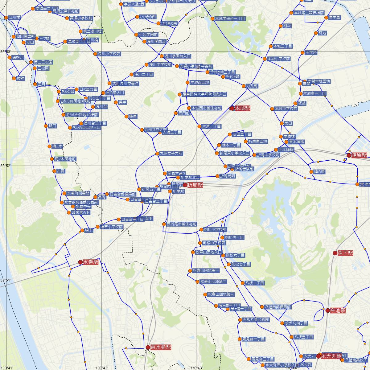 折尾駅（JR九州）周辺のバス路線図