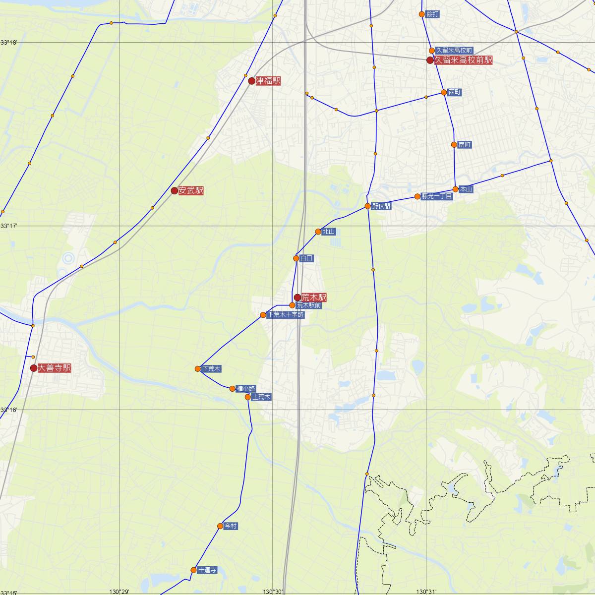 荒木駅（JR九州）周辺のバス路線図