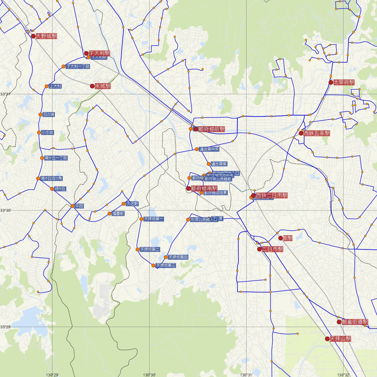 都府楼南駅（JR九州）周辺のバス路線図