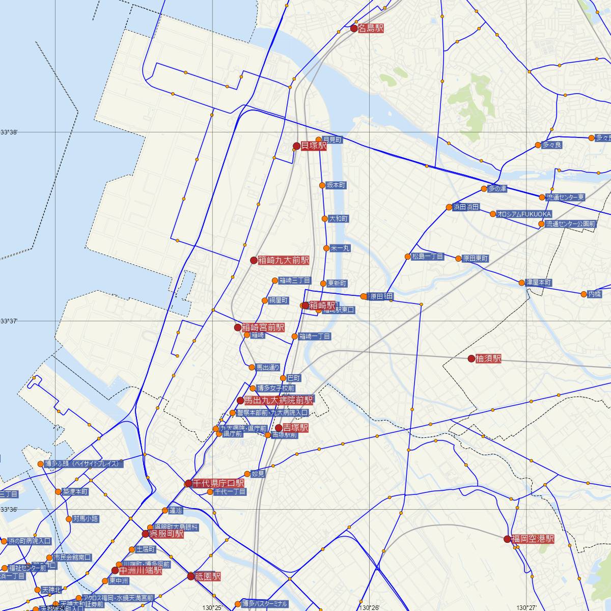 箱崎駅（JR九州）周辺のバス路線図