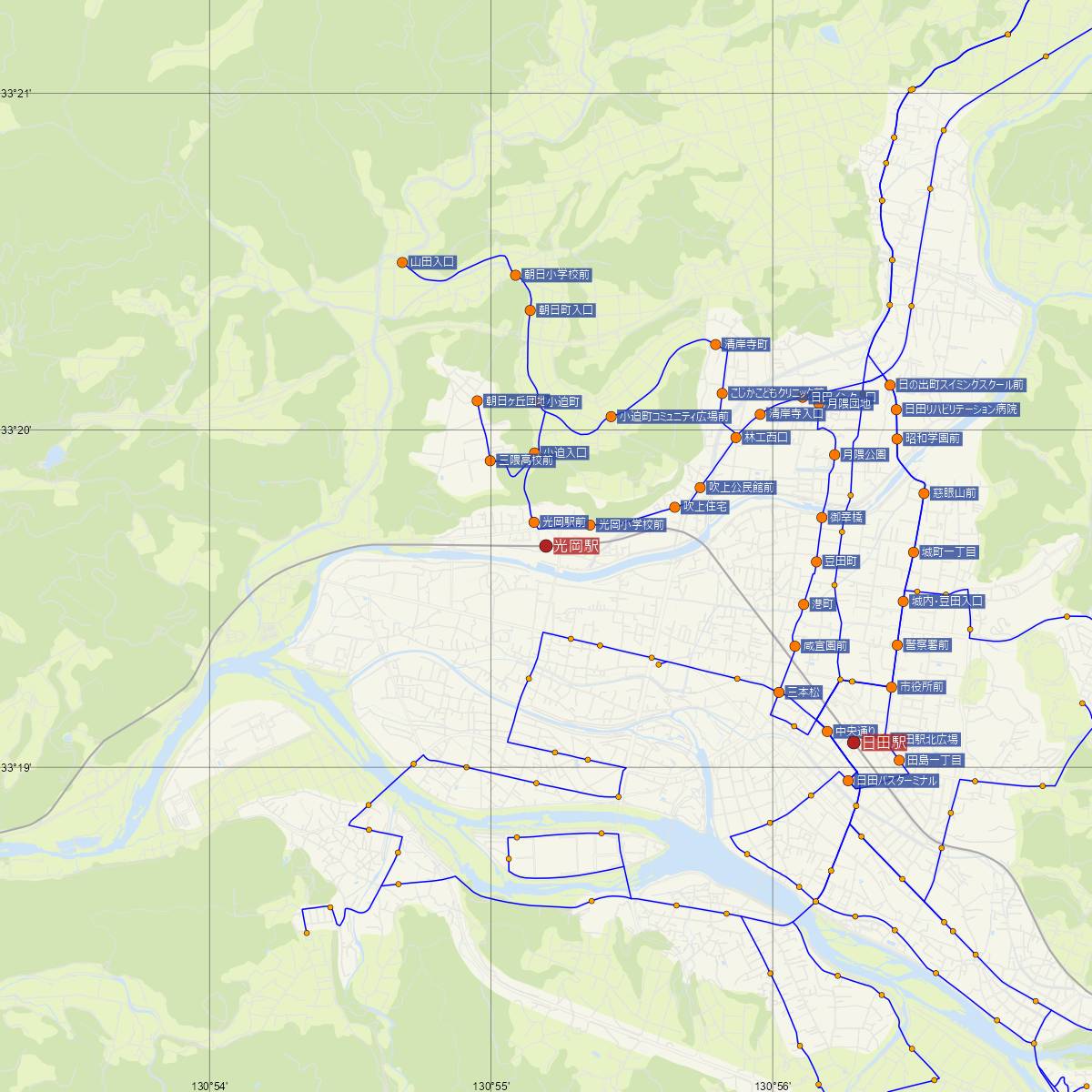 光岡駅（JR九州）周辺のバス路線図