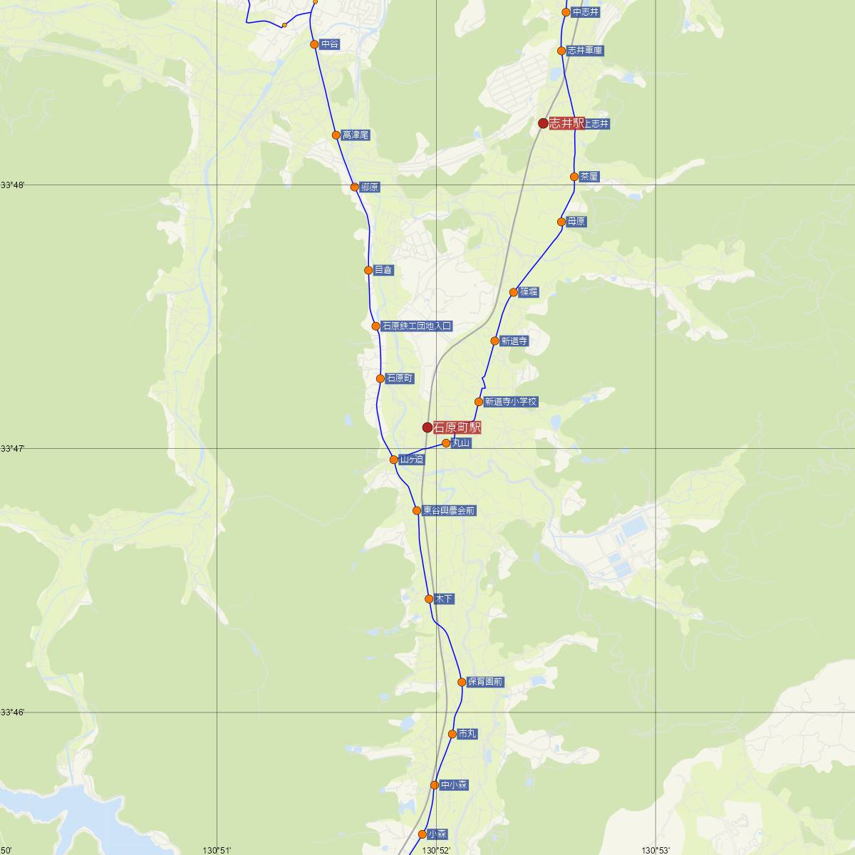 石原町駅（JR九州）周辺のバス路線図