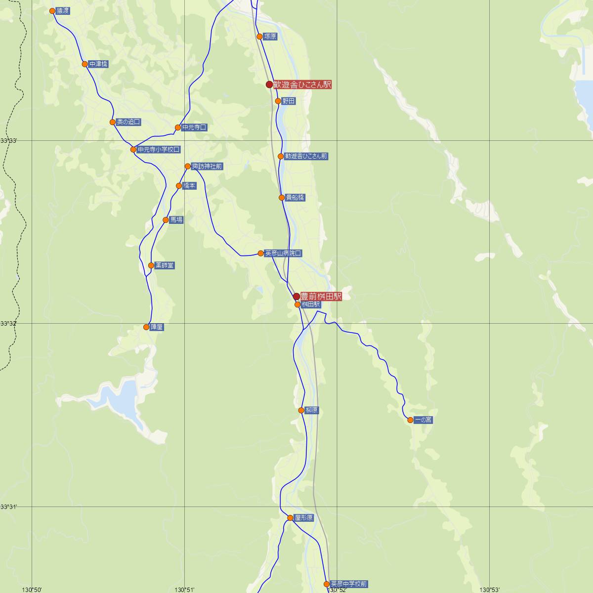 豊前桝田駅（JR九州）周辺のバス路線図