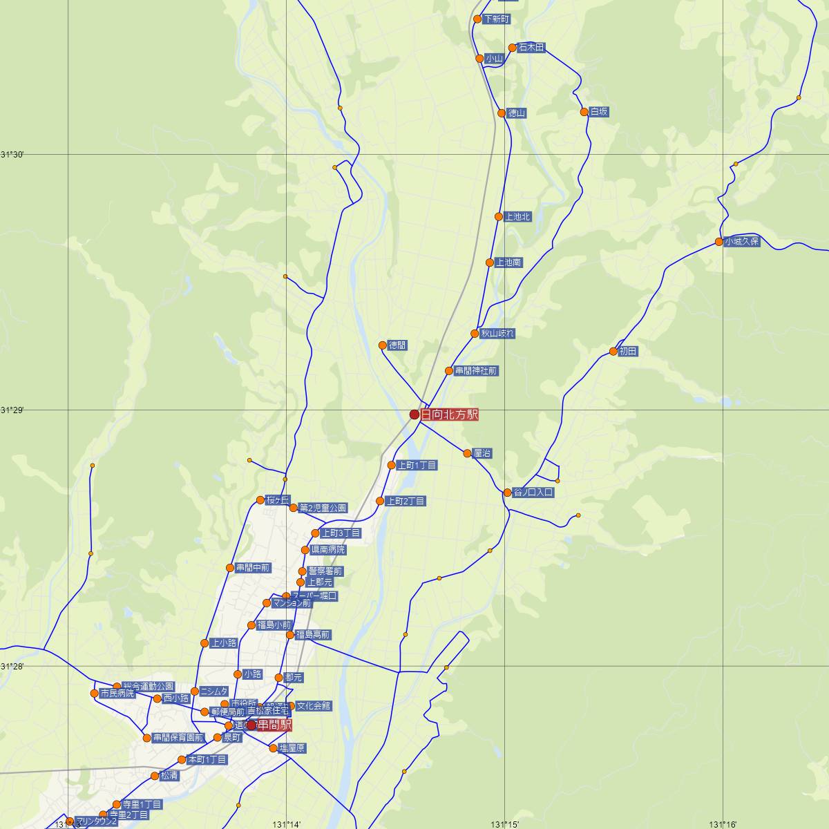 日向北方駅（JR九州）周辺のバス路線図