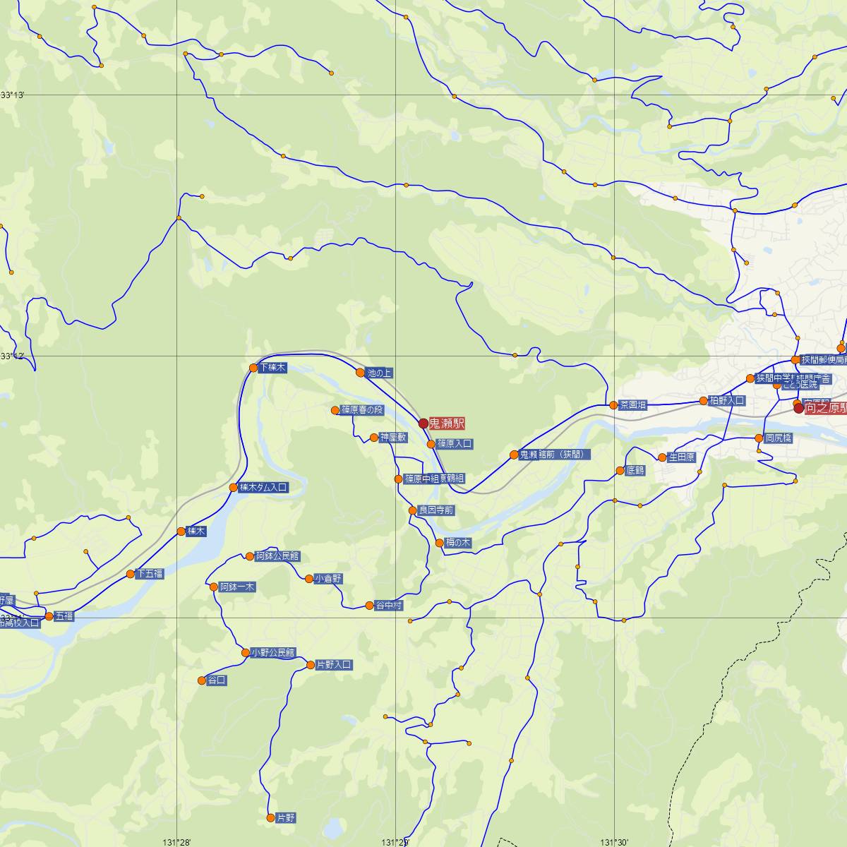鬼瀬駅（JR九州）周辺のバス路線図