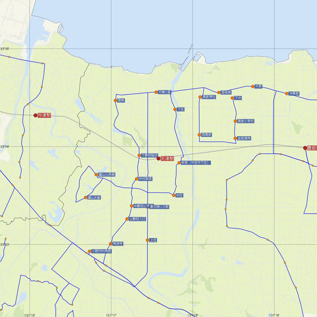 天津駅（JR九州）周辺のバス路線図