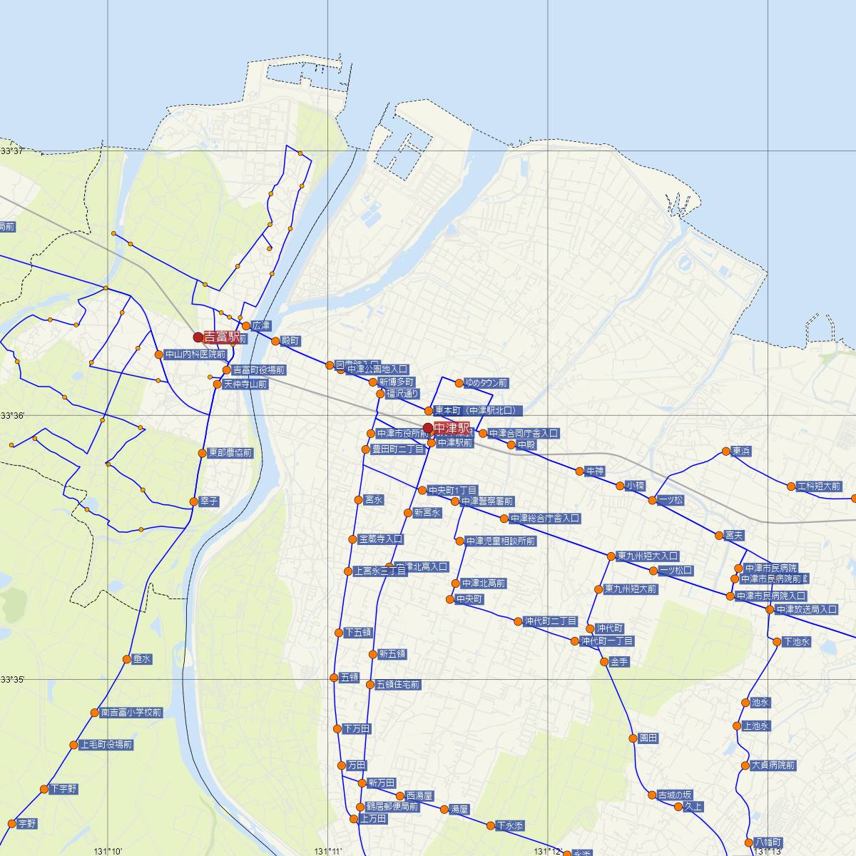 中津駅（JR九州）周辺のバス路線図