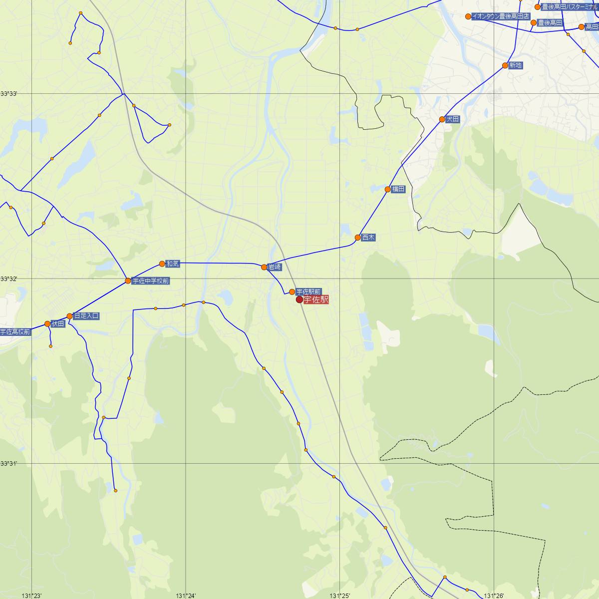 宇佐駅（JR九州）周辺のバス路線図