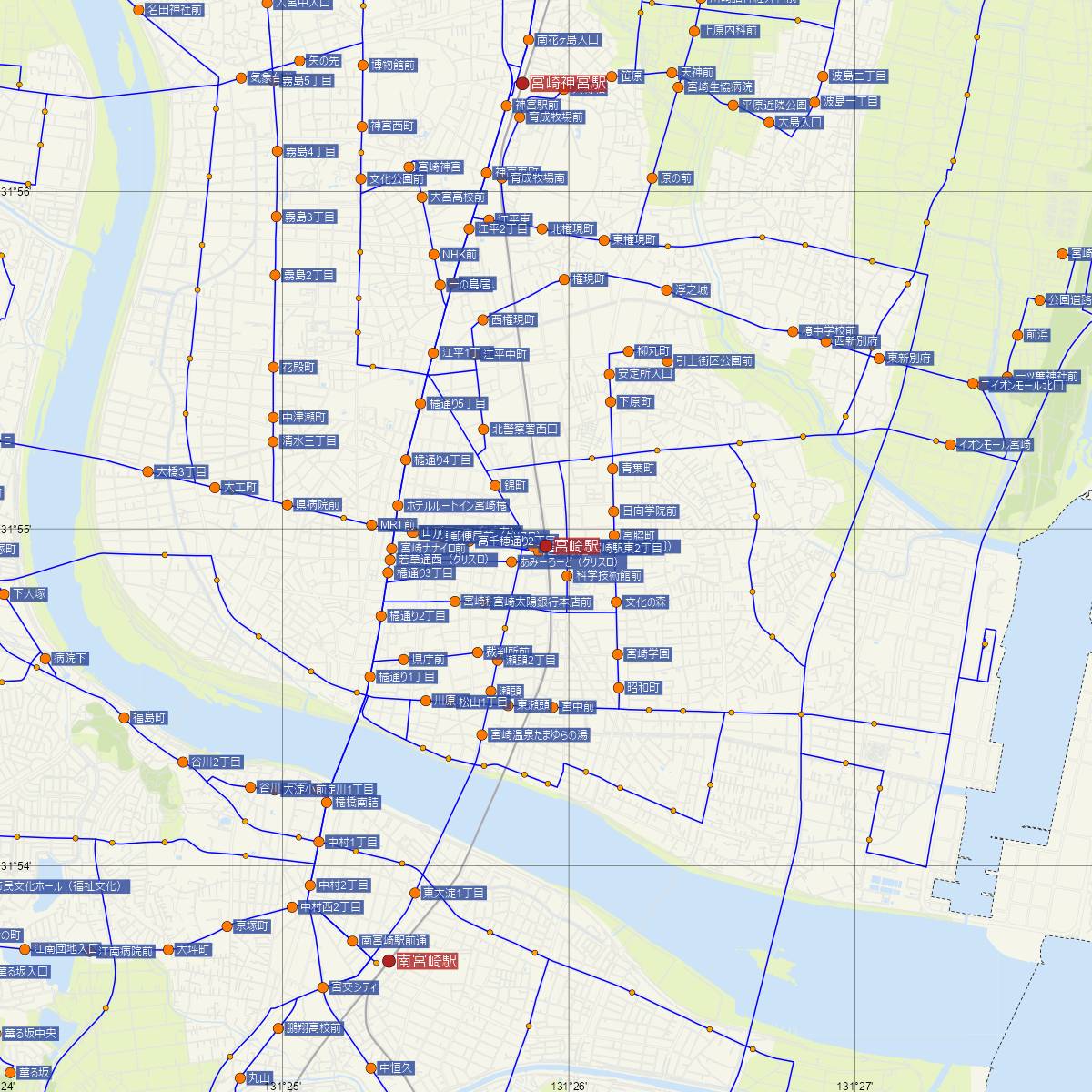 宮崎駅（JR九州）周辺のバス路線図