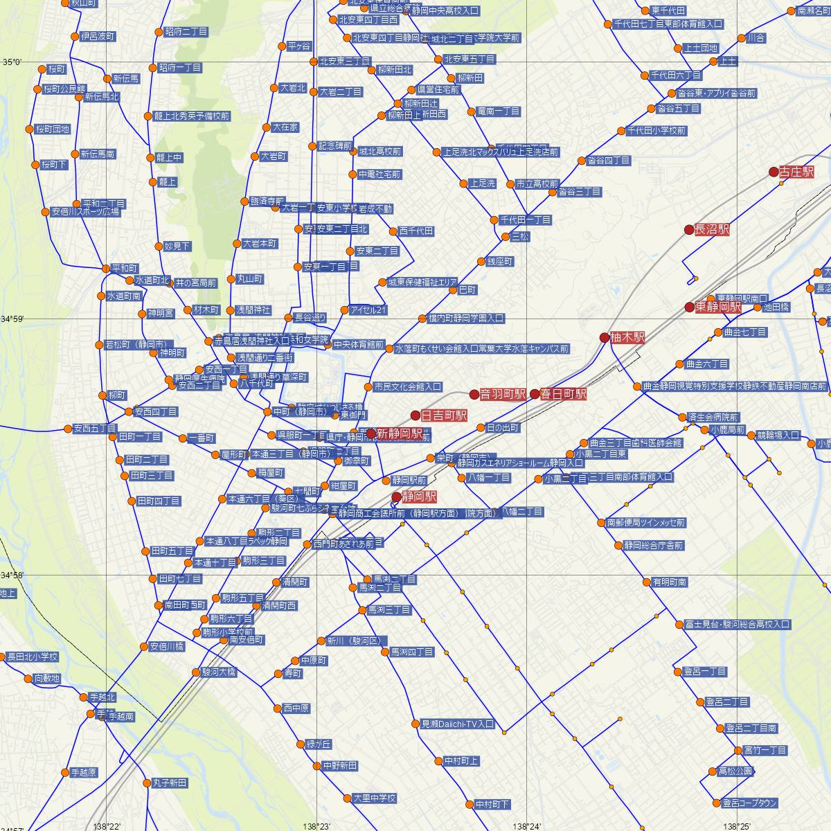 日吉町駅（静岡清水線）周辺のバス路線図
