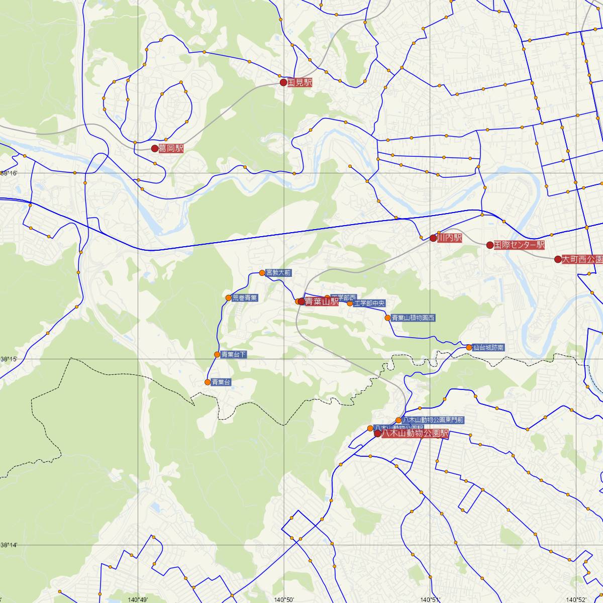 青葉山駅（仙台市地下鉄）周辺のバス路線図