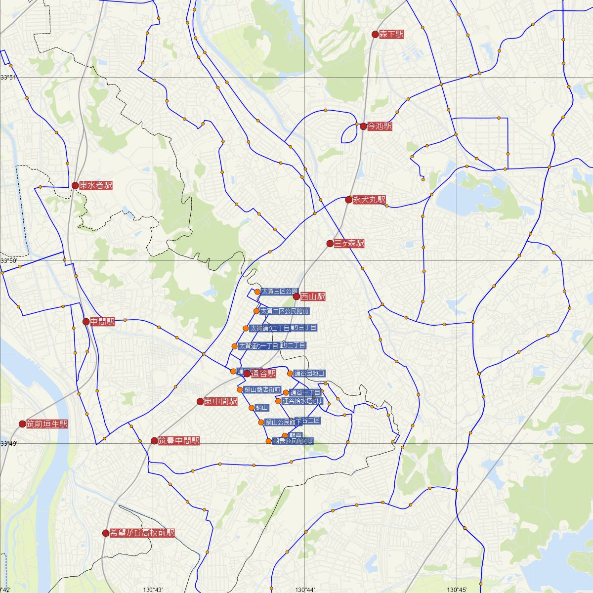 西山駅（筑豊電鉄）周辺のバス路線図