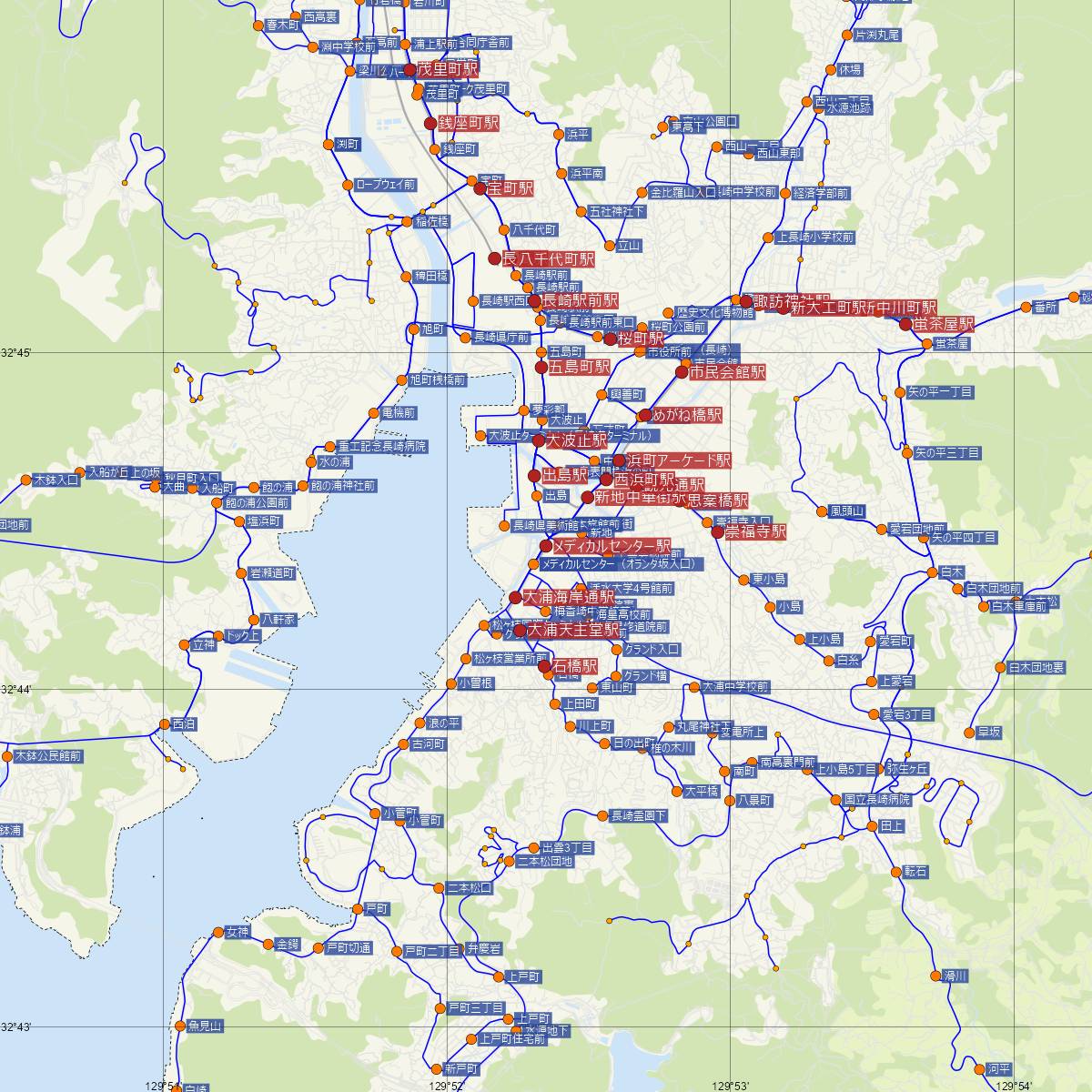 メディカルセンター駅（長崎電鉄）周辺のバス路線図
