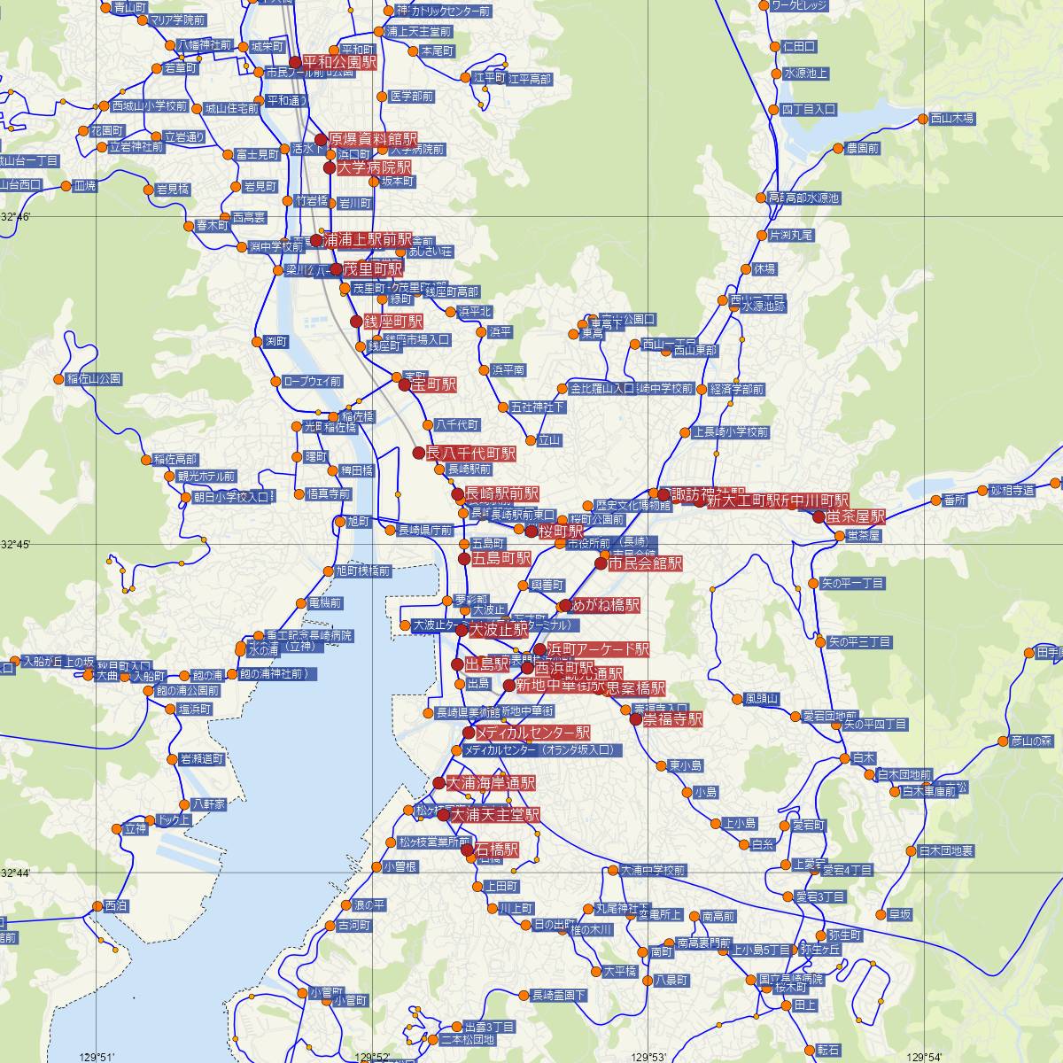 桜町駅（長崎電鉄）周辺のバス路線図