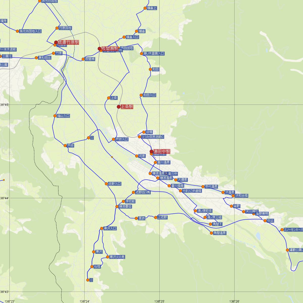 湯田中駅（長野電鉄）周辺のバス路線図