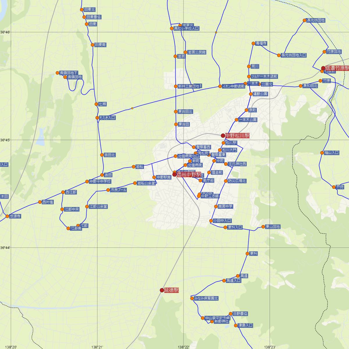 信州中野駅（長野電鉄）周辺のバス路線図