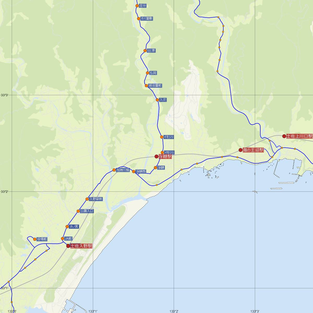 浮鞭駅（土佐くろしお鉄道）周辺のバス路線図