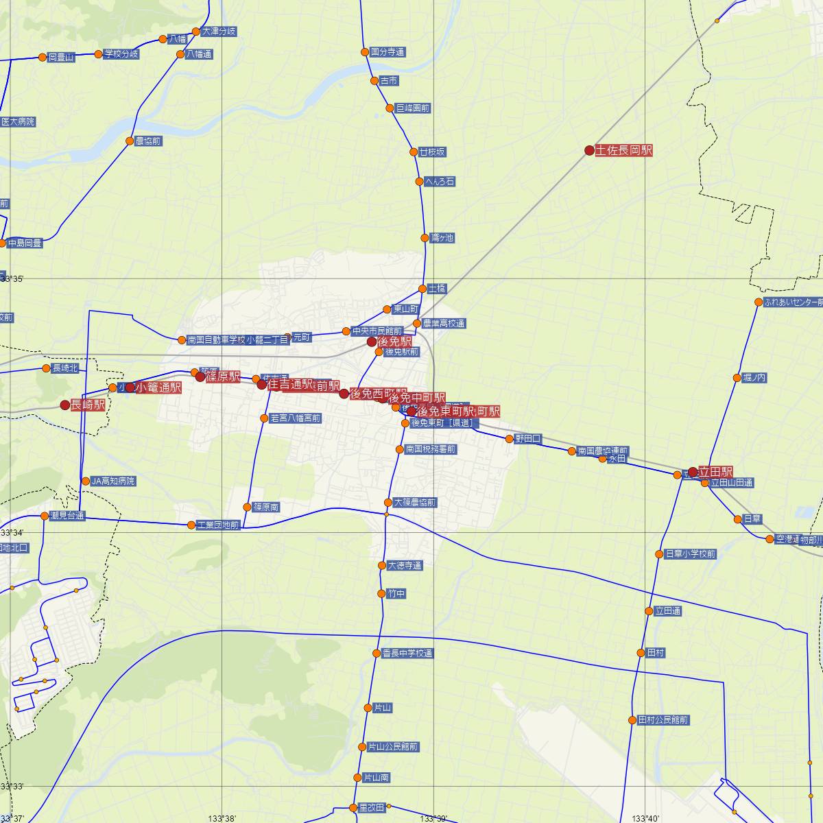 後免東町駅（とさでん交通）周辺のバス路線図