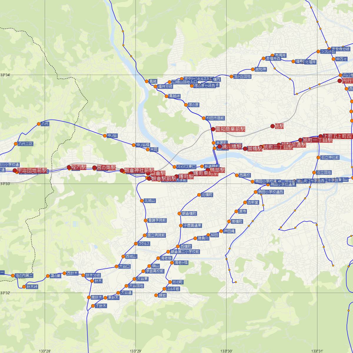 曙町駅（とさでん交通）周辺のバス路線図
