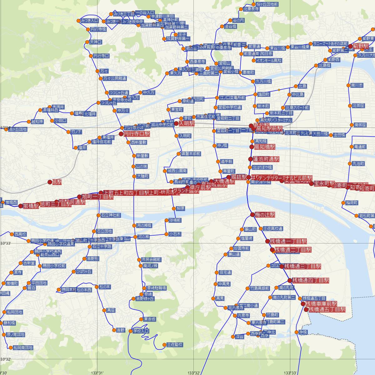 県庁前駅（とさでん交通）周辺のバス路線図