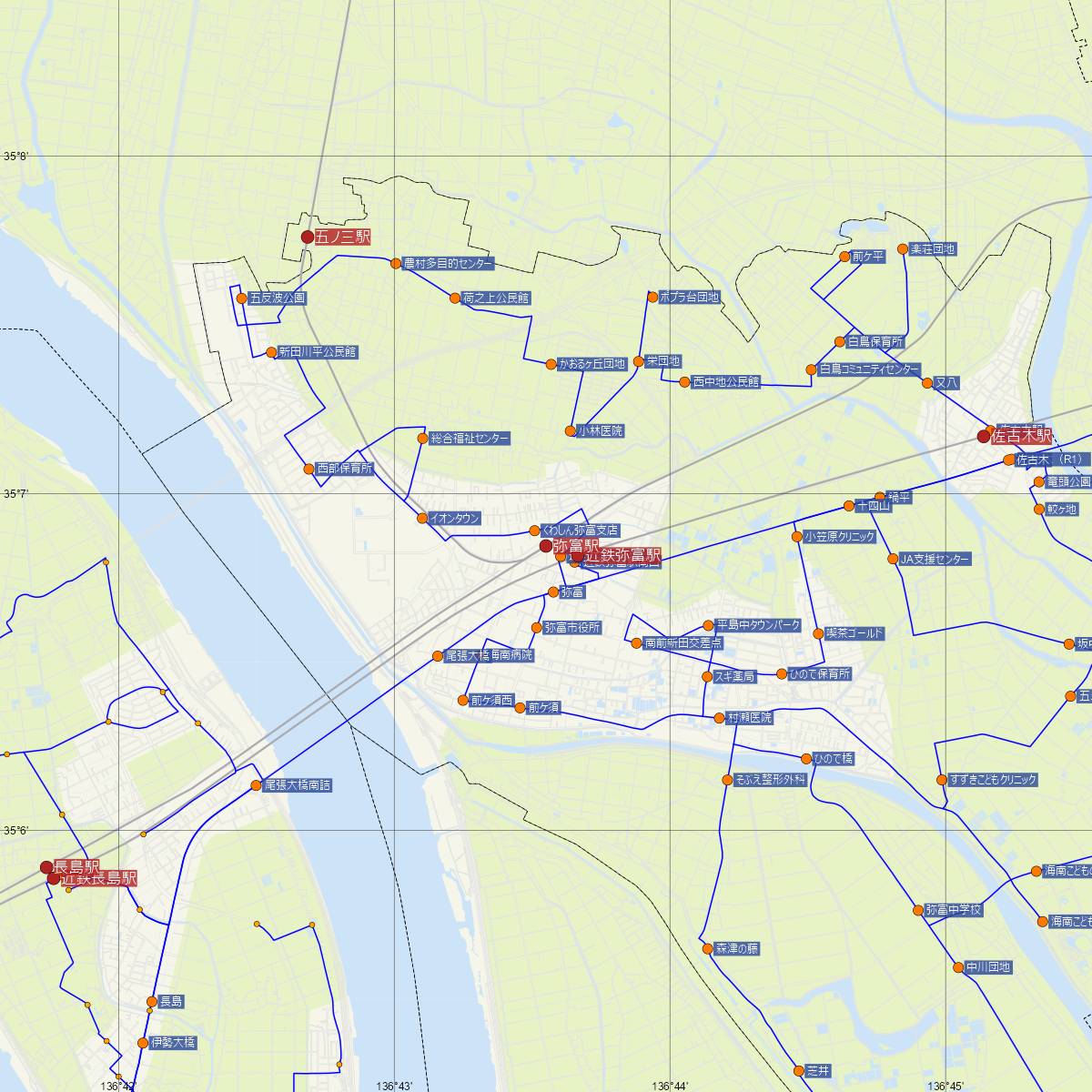 弥富駅（JR東海）周辺のバス路線図