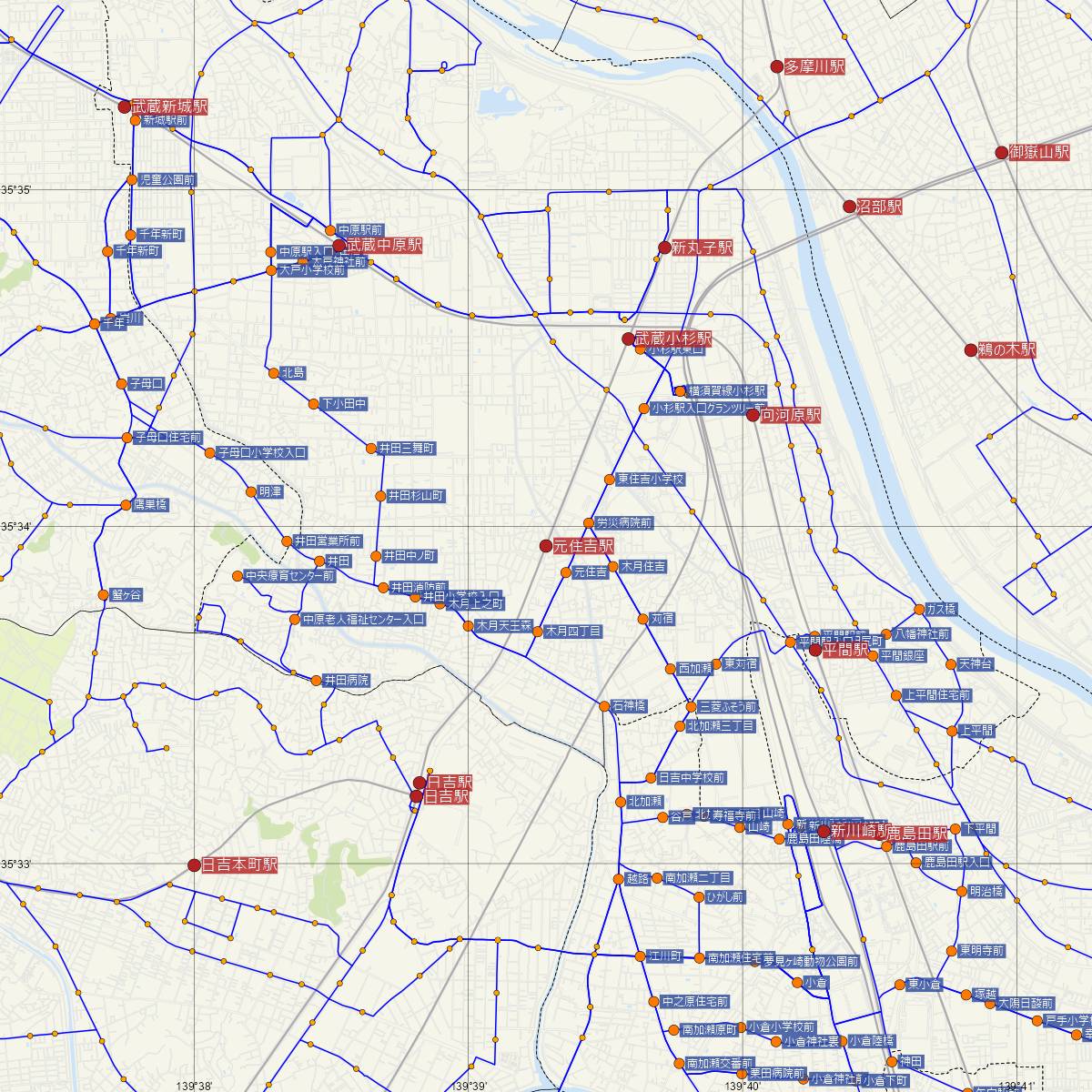 元住吉駅（東急線）周辺のバス路線図