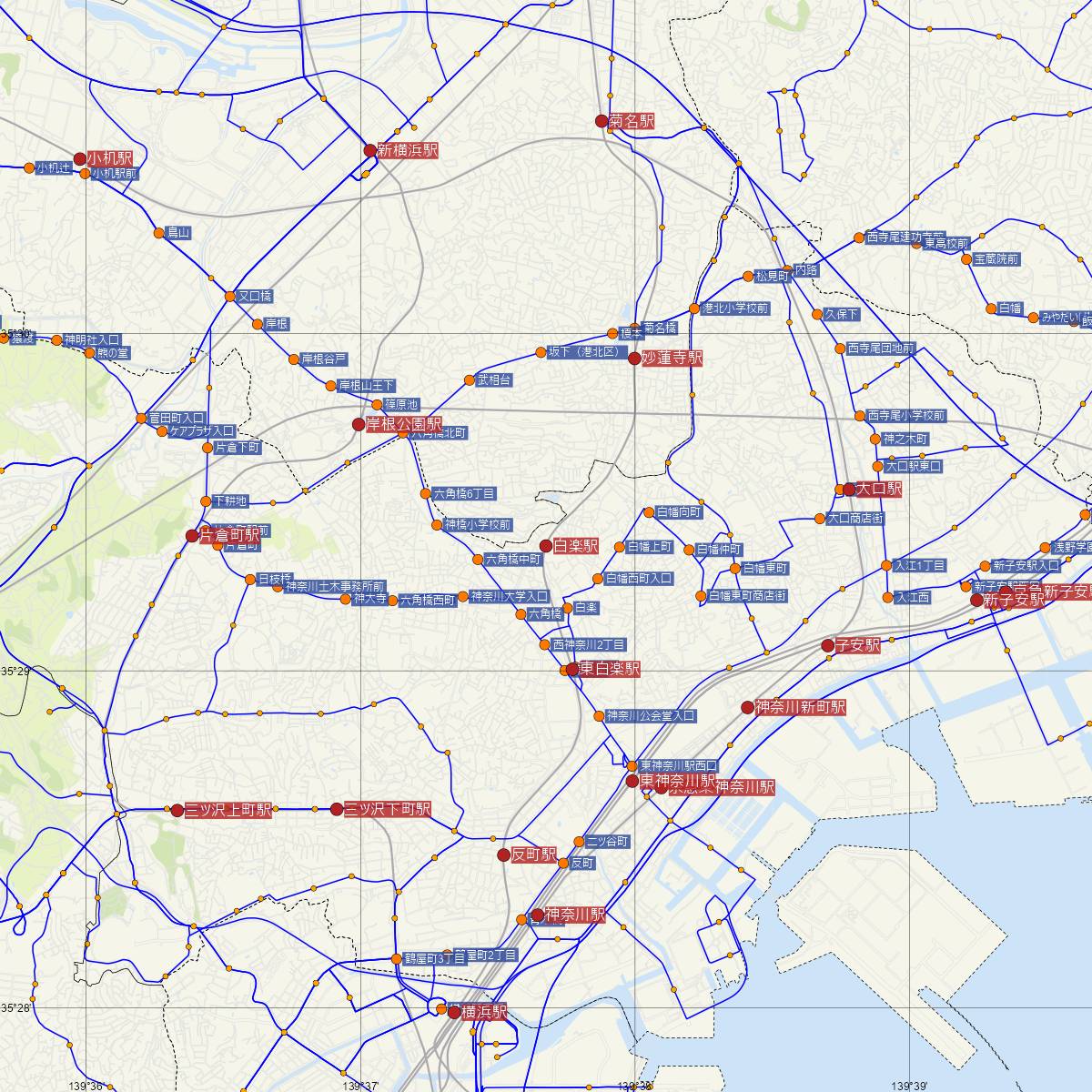 白楽駅（東急線）周辺のバス路線図