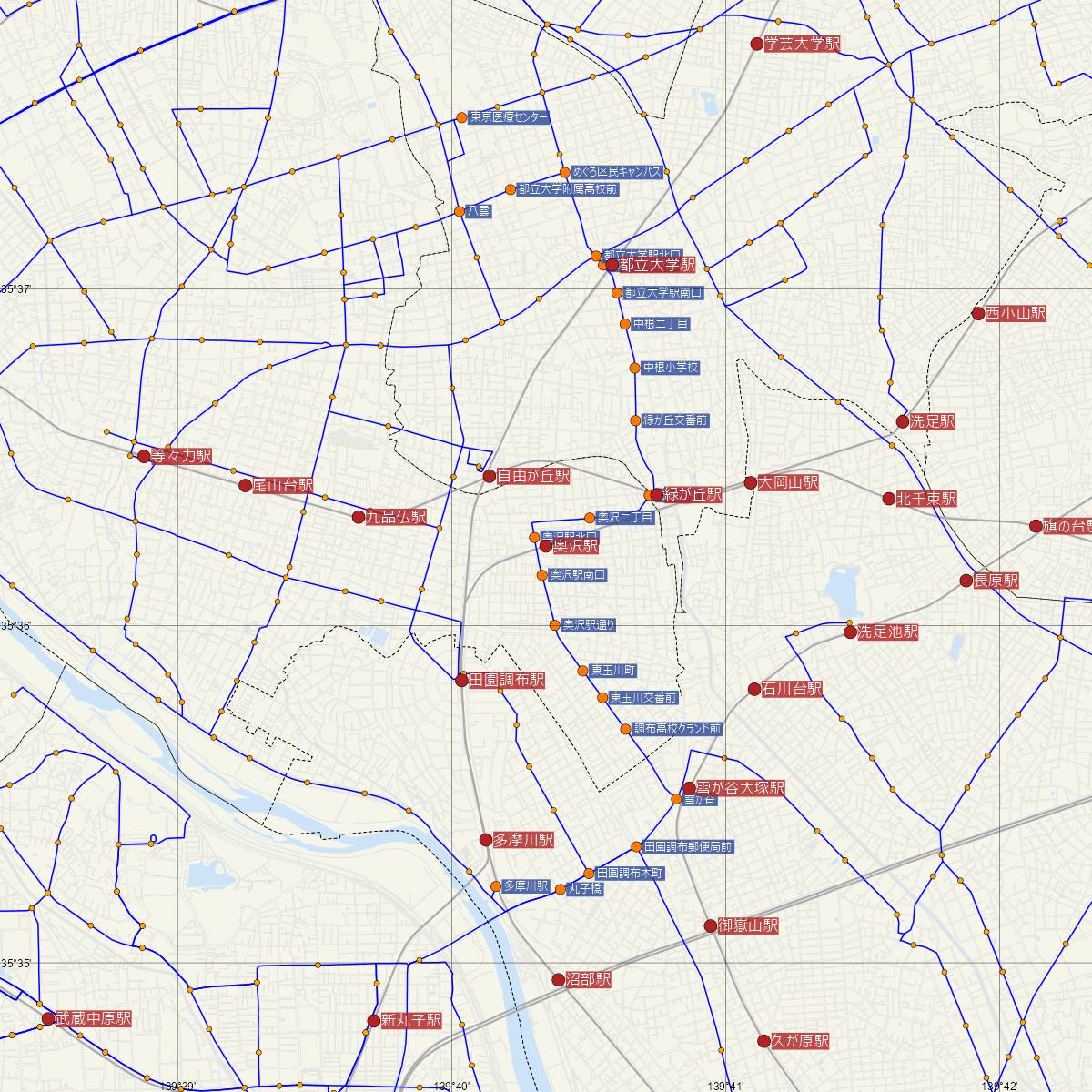 奥沢駅（東急線）周辺のバス路線図