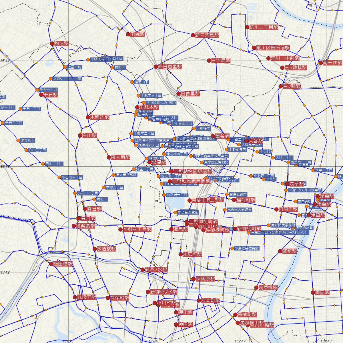 上野動物園東園駅（都営地下鉄）周辺のバス路線図