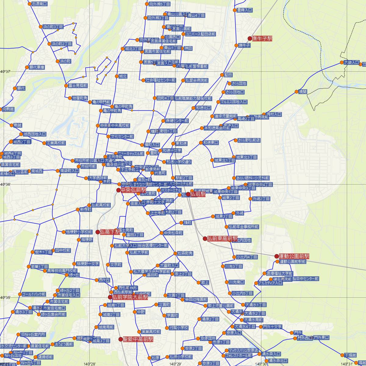 弘前駅（JR東日本）周辺のバス路線図