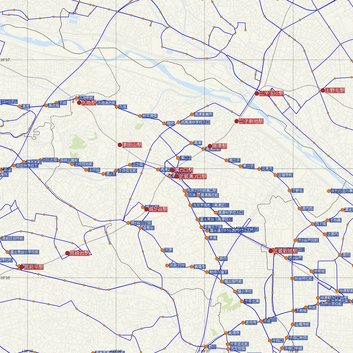 武蔵溝ノ口駅（JR東日本）周辺のバス路線図