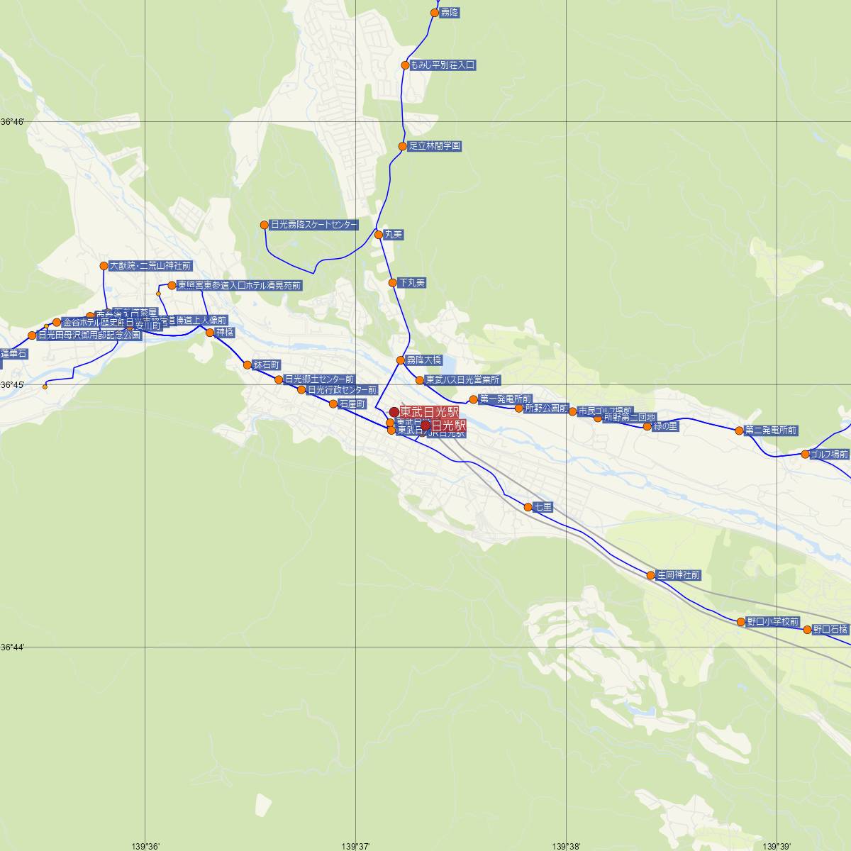 日光駅（JR東日本）周辺のバス路線図