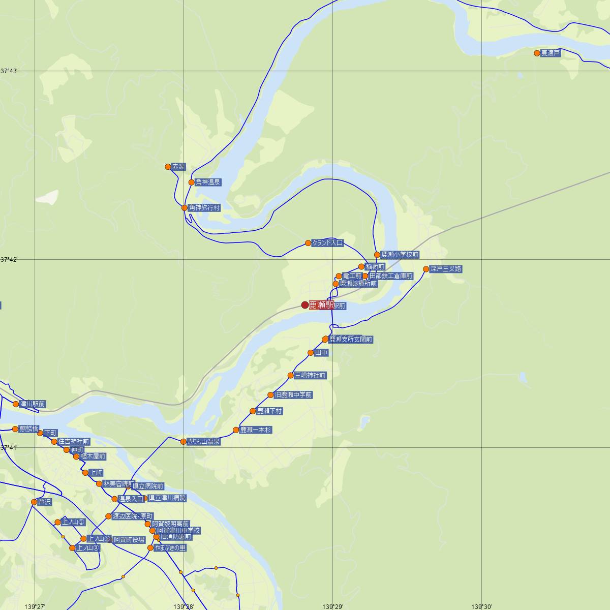 鹿瀬駅（JR東日本）周辺のバス路線図