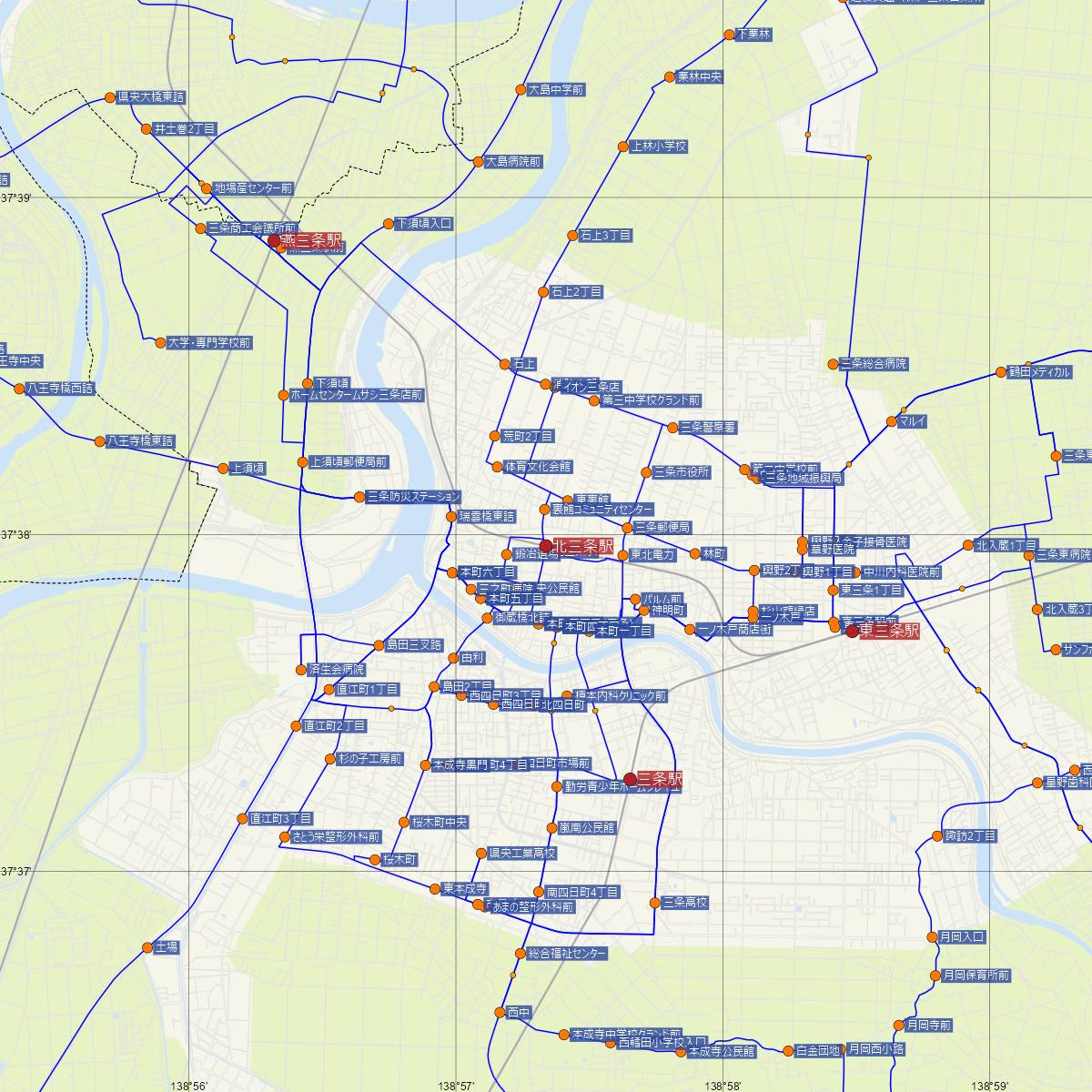 北三条駅（JR東日本）周辺のバス路線図