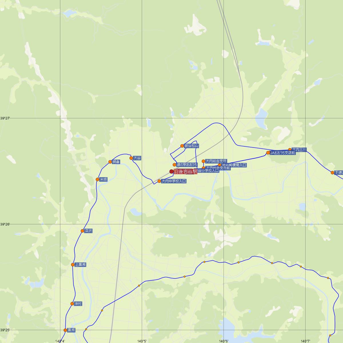 羽後岩谷駅（JR東日本）周辺のバス路線図