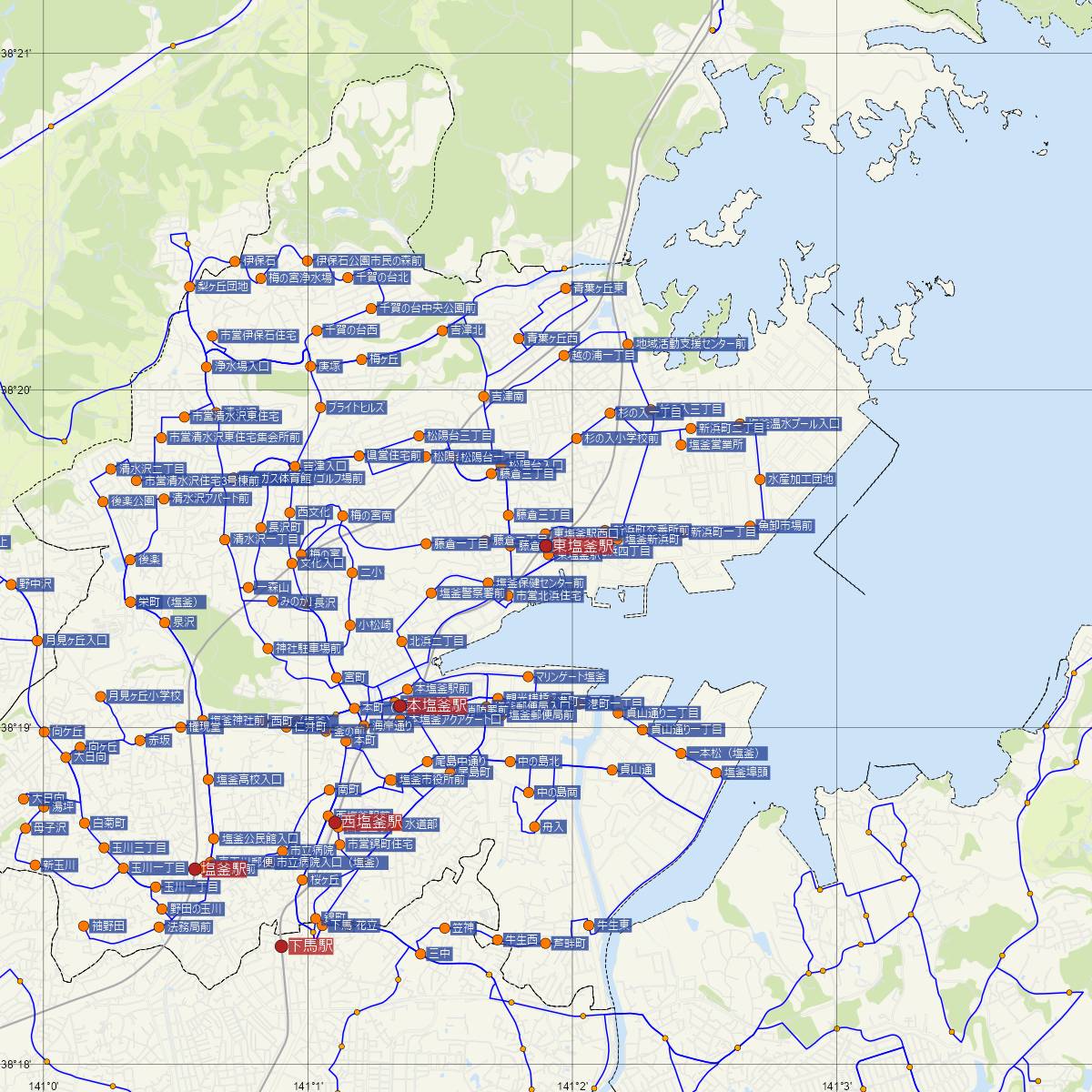 東塩釜駅（JR東日本）周辺のバス路線図