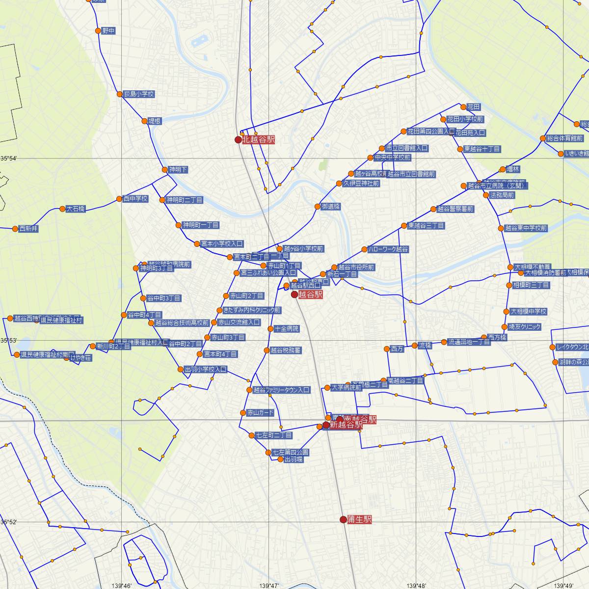 越谷駅（東武鉄道）周辺のバス路線図