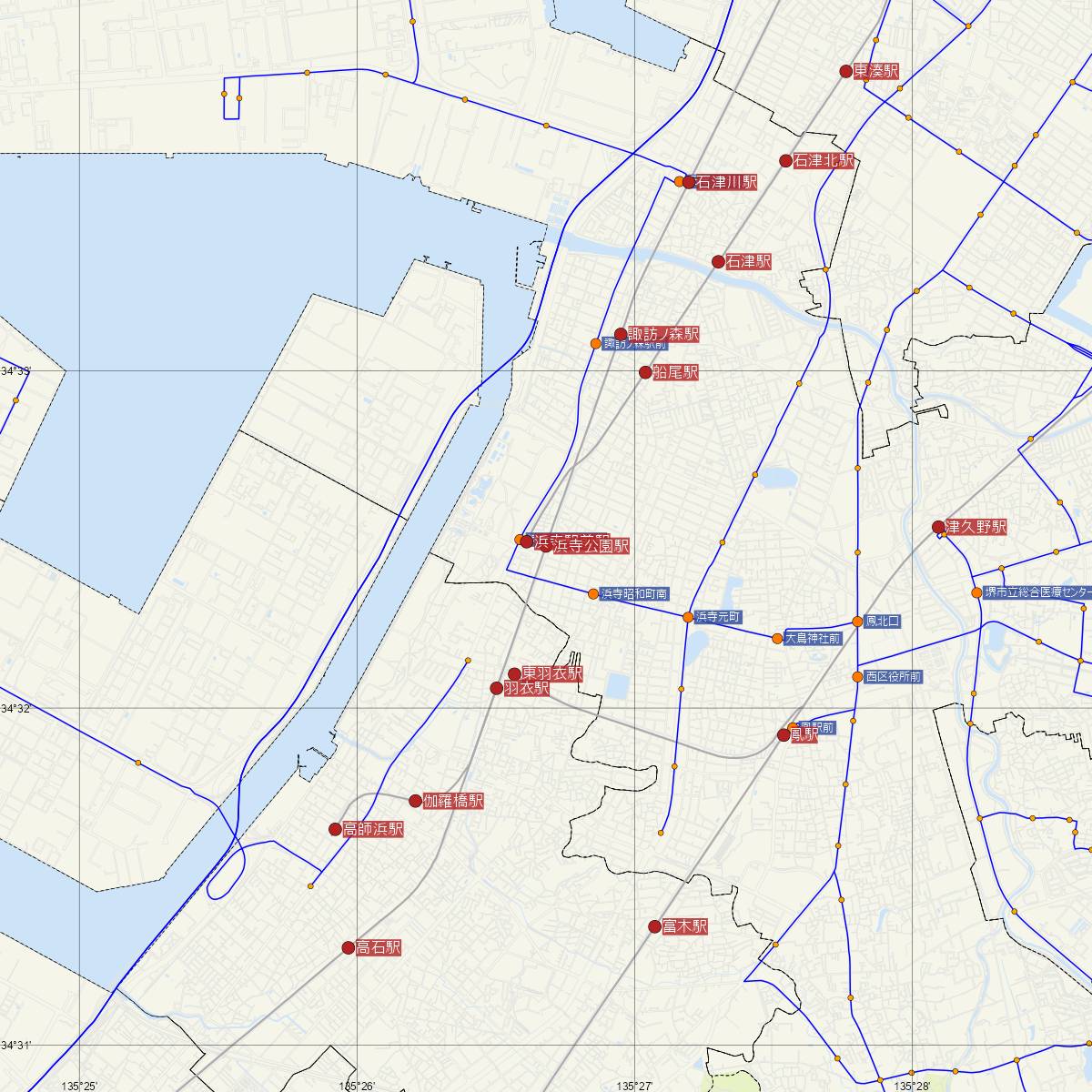 浜寺公園駅（南海電鉄）周辺のバス路線図