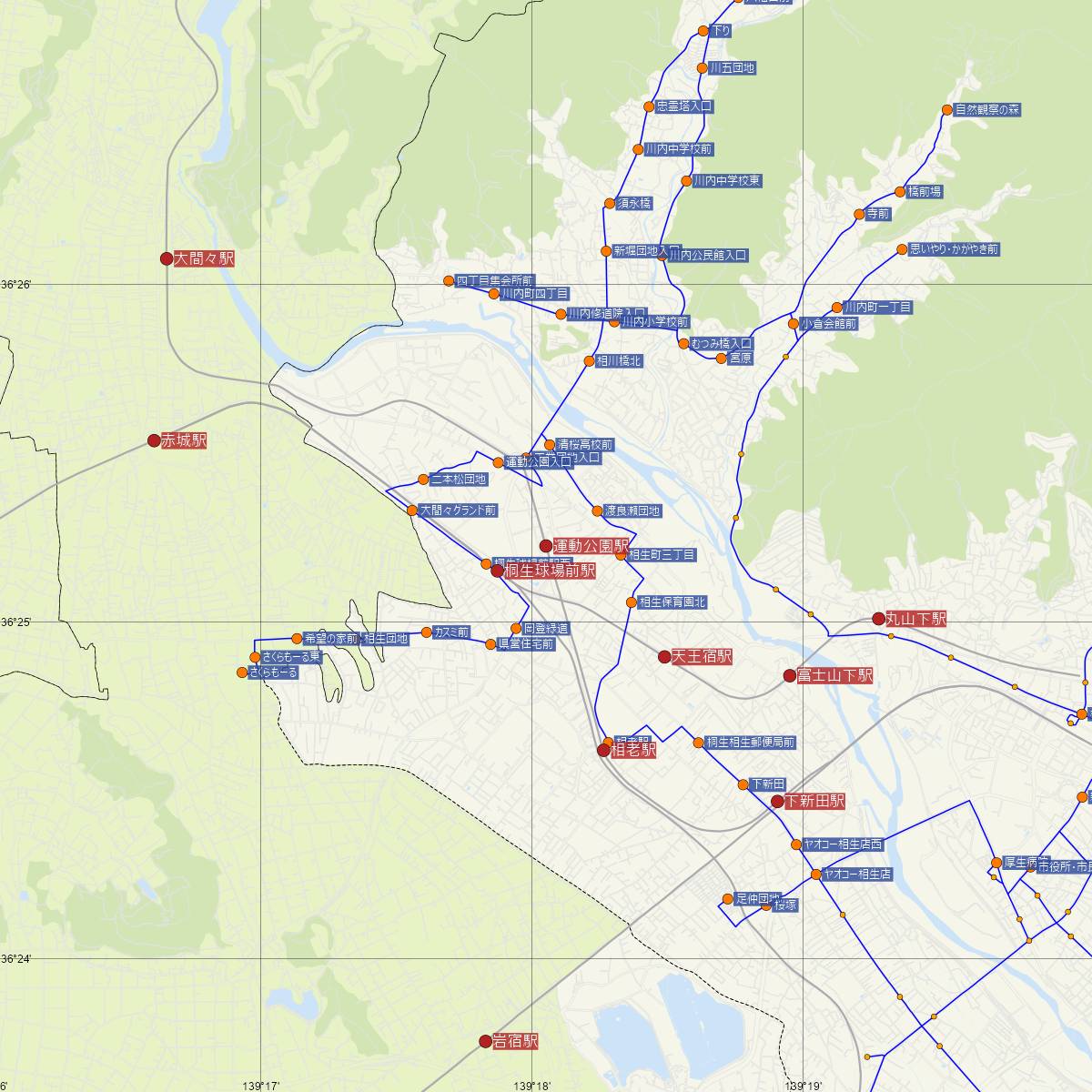 運動公園駅（わたらせ渓谷鐵道）周辺のバス路線図
