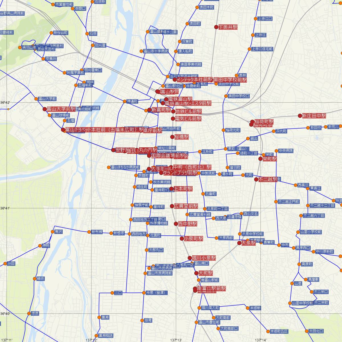 西町駅（富山地方鉄道）周辺のバス路線図