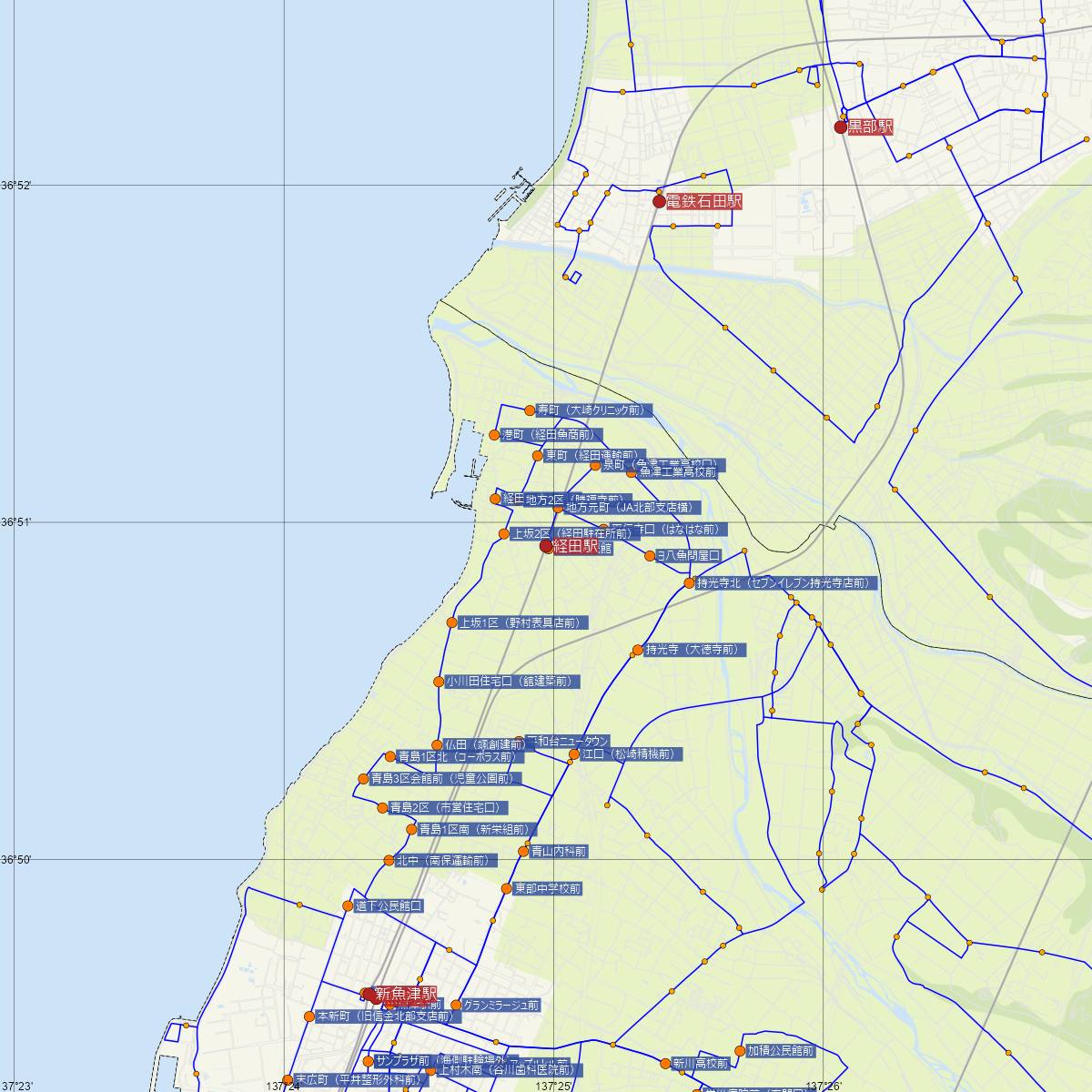 経田駅（富山地方鉄道）周辺のバス路線図