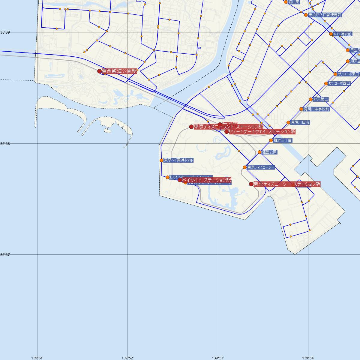 ベイサイド･ステーション駅（ディズニーリゾートライン）周辺のバス路線図