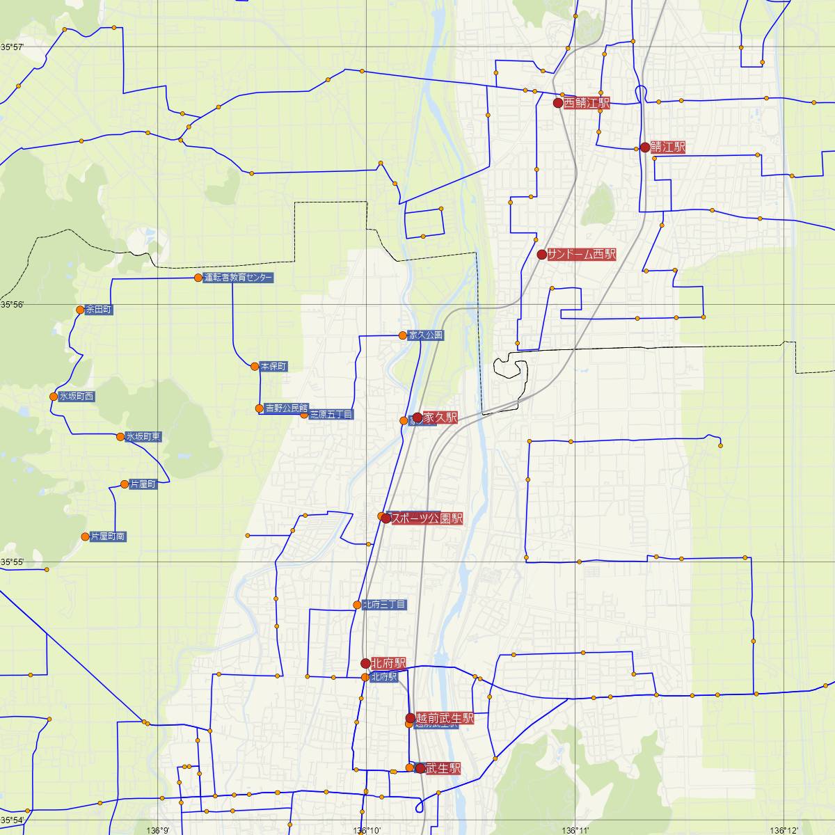 家久駅（福井鉄道）周辺のバス路線図