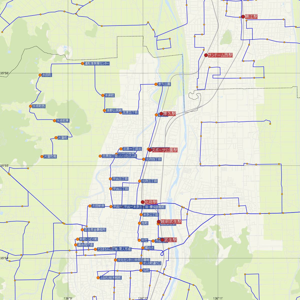 スポーツ公園駅（福井鉄道）周辺のバス路線図