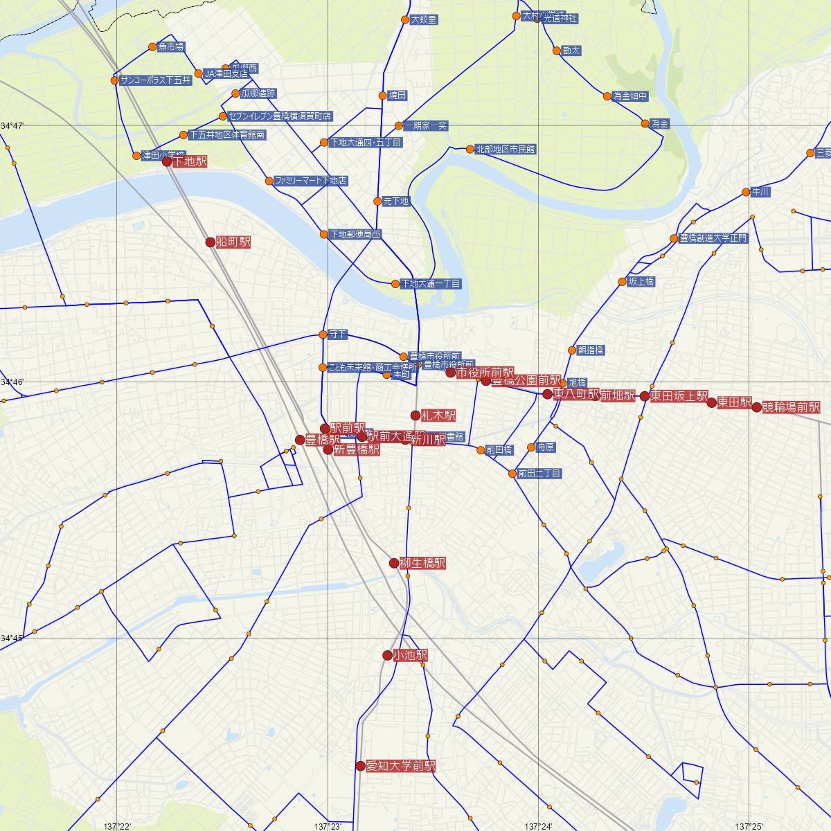 札木駅（豊橋鉄道）周辺のバス路線図