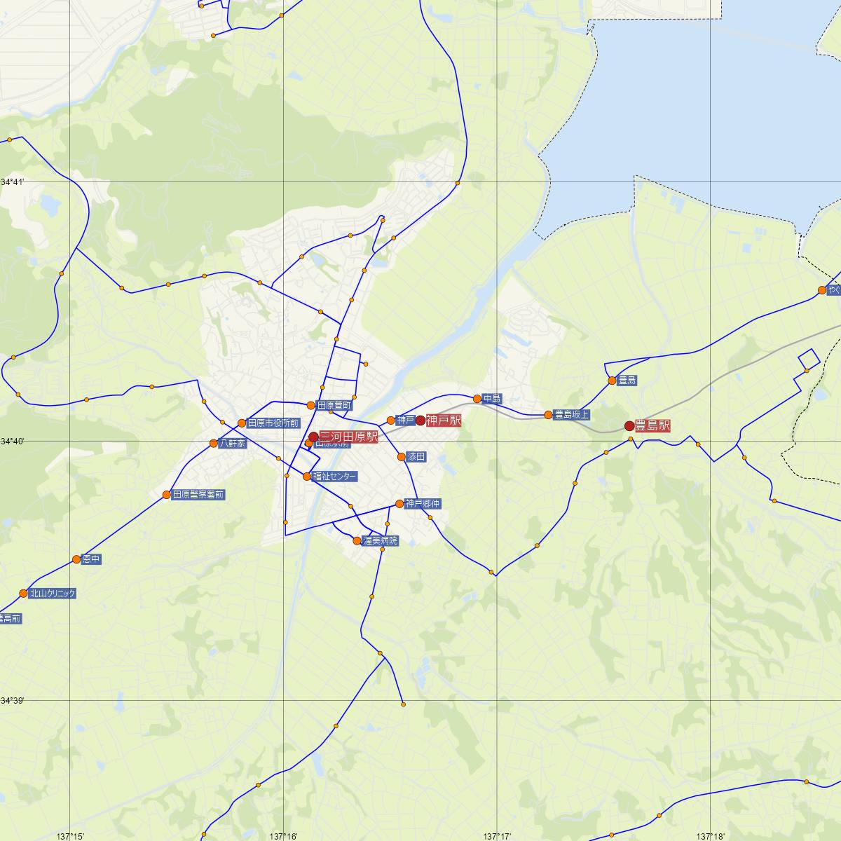 神戸駅（豊橋鉄道）周辺のバス路線図
