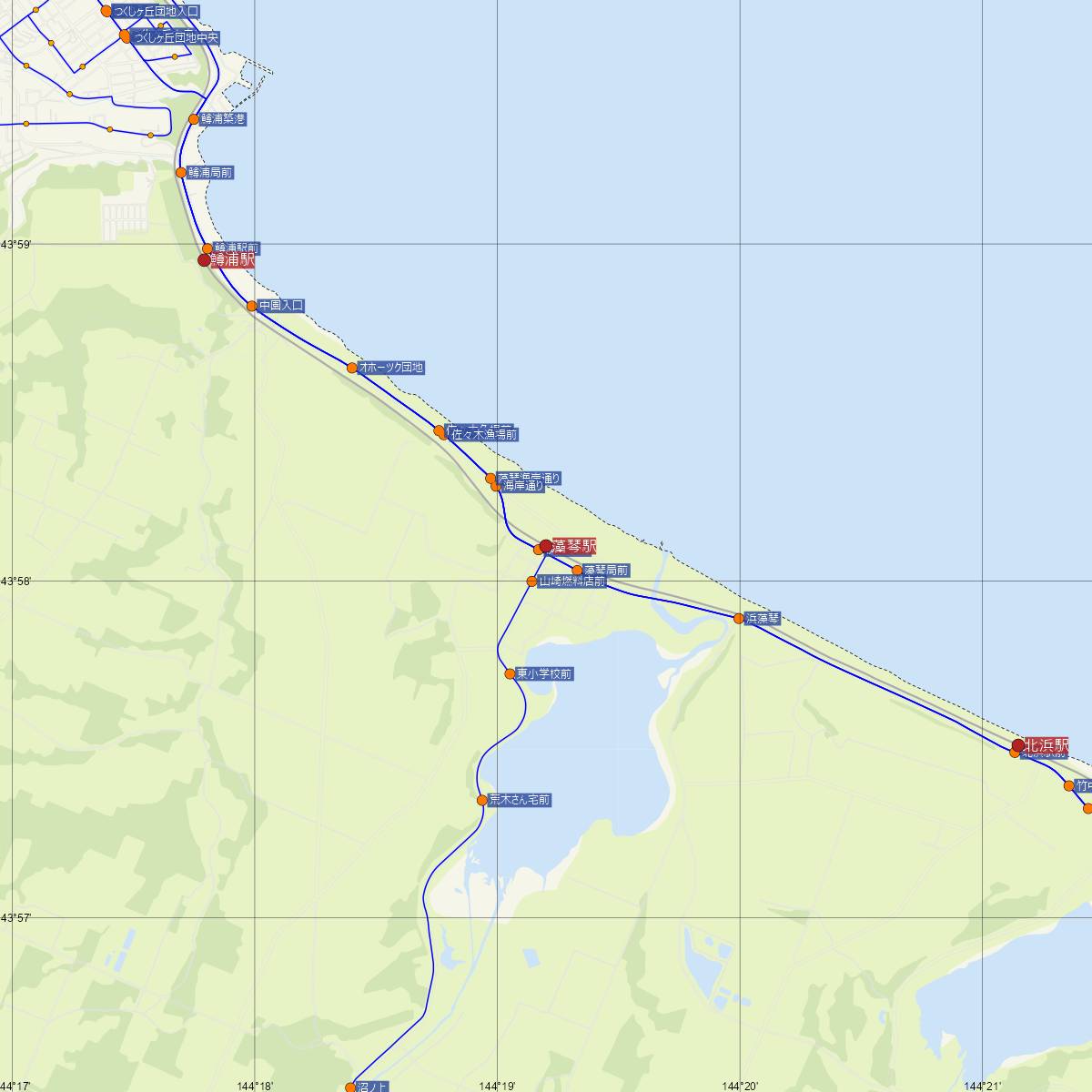 藻琴駅（JR北海道）周辺のバス路線図