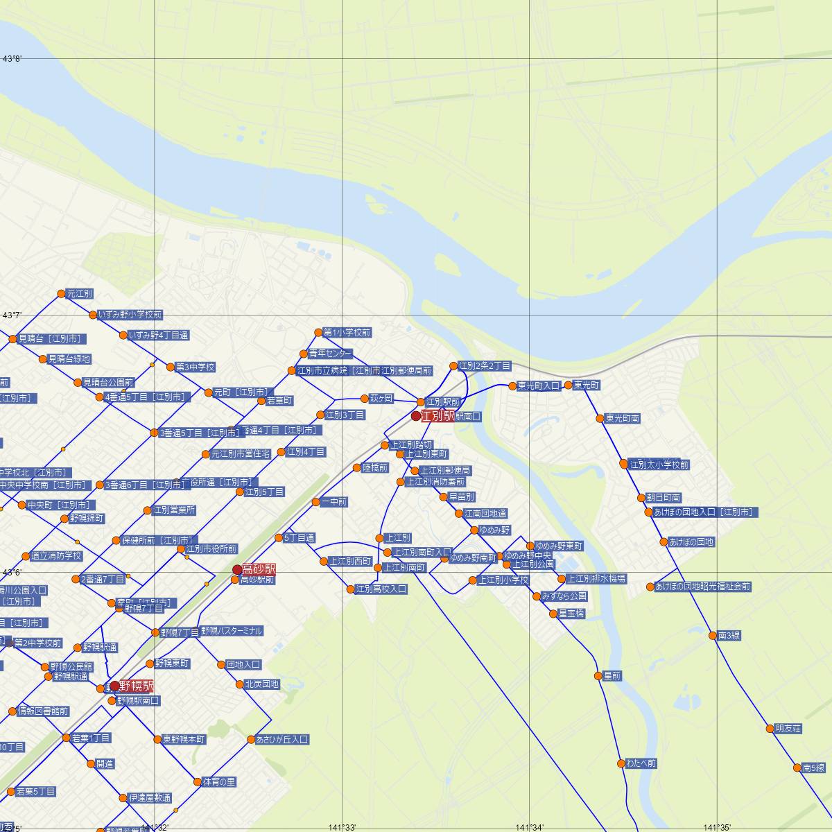 江別駅（JR北海道）周辺のバス路線図