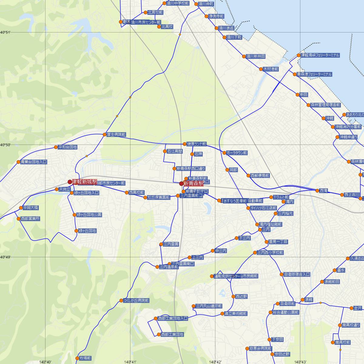 新青森駅（JR北海道）周辺のバス路線図