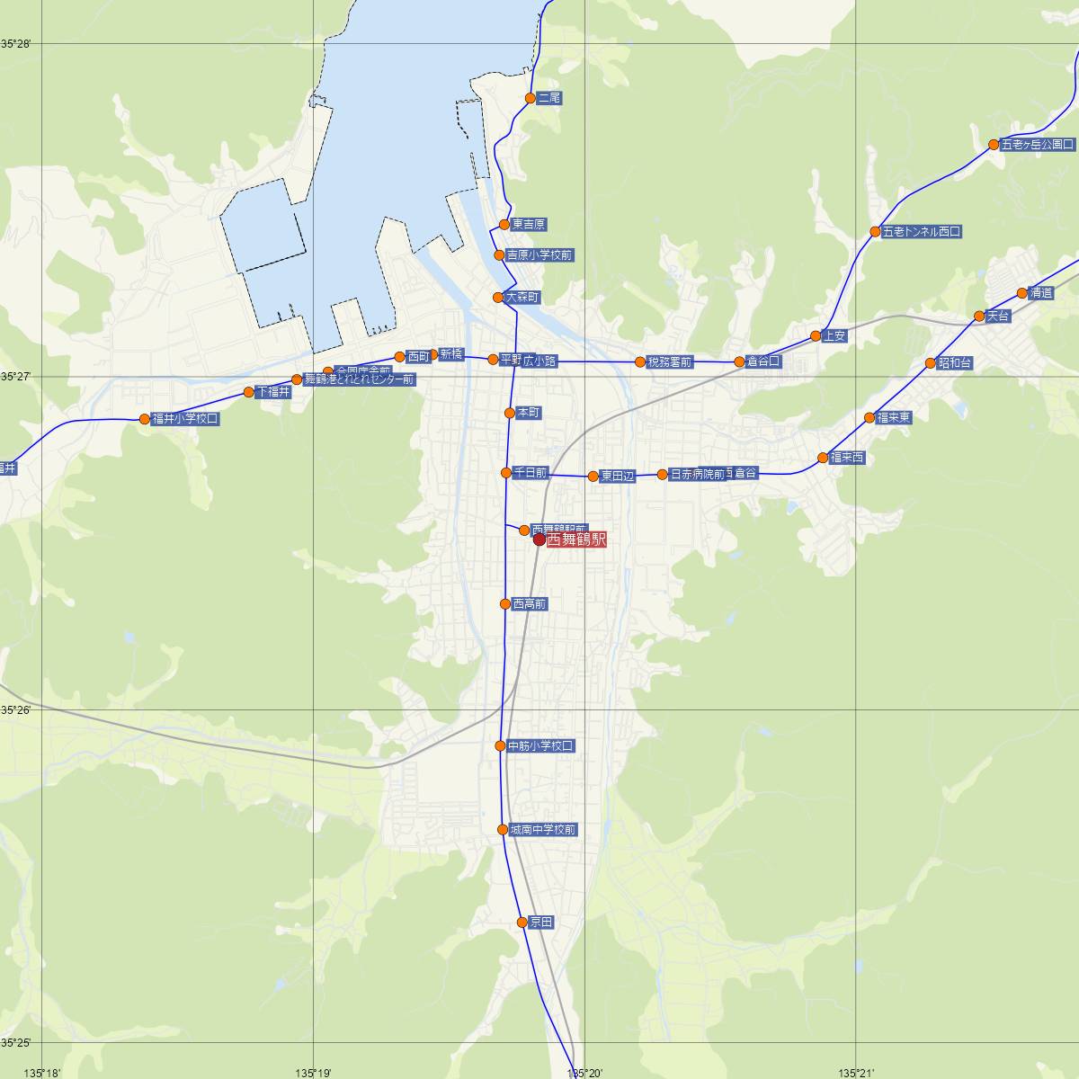 西舞鶴駅（京都丹後鉄道）周辺のバス路線図